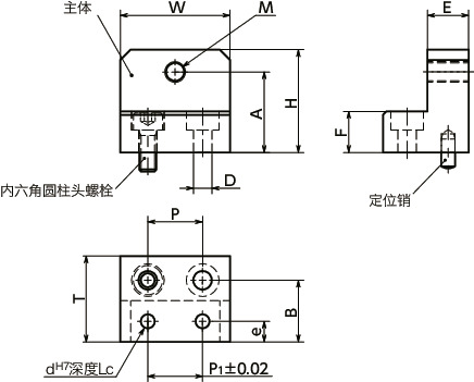 NLSDN-N直线导轨用止动块 - 底座固定 - 定位用（带细牙螺纹孔） - 钢制 - 带定位销寸法図