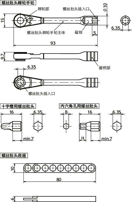 SKNBR-6.35-8SET对应窄处作业螺丝批头棘轮手轮套件寸法図